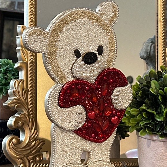 NEW! Vintage Inspired Valentines Day Beaded Wood Teddy Bear & Red Love Heart - Picture 4 of 5